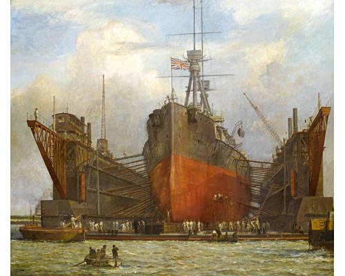 Artwork by Bernard Finegan Gribble, Dreadnought Class Battleship in a floating dry dock, Portsmouth, Made of oil on canvas