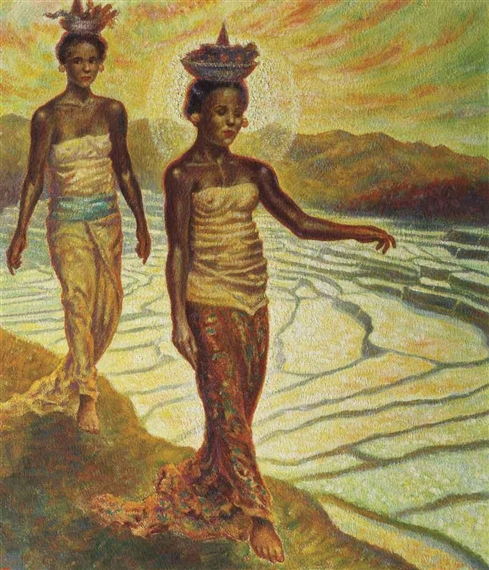 Women with offerings along the Sawah by Franz Kienmayer