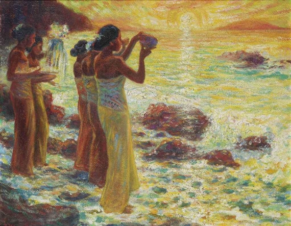Women with offerings in the surf at sunset by Franz Kienmayer