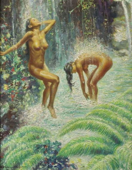 Two women bathing by the waterfall by Franz Kienmayer