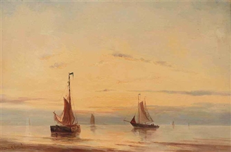 Sailing vessels moored at sunset - Jacob Willem de Gruyter