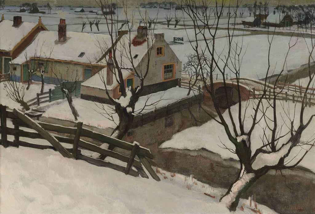 Artwork by Arie Leeflang, A farm at Nesserdijk in winter, Rotterdam, Made of oil on canvas