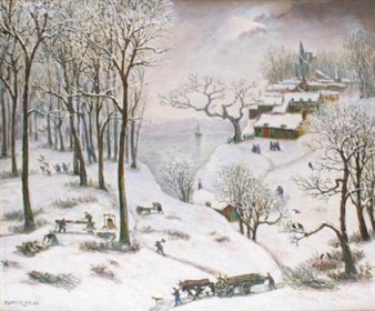 BÛCHERONS PRÈS DU VILLAGE DANS LA NEIGE - Jean Raffy le Persan