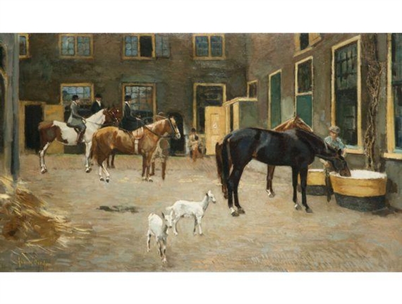 Horses and Riders in a Courtyard by Frans Oerder