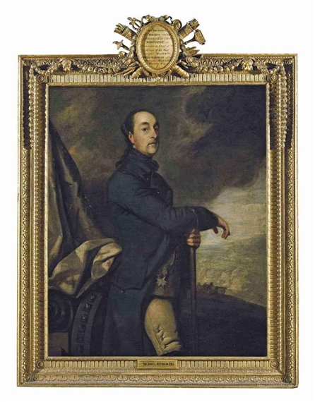 Portrait of Frederick William Ernest, Count von Schaumburg-Lippe (1724-1777), three-quarter-length, in the blue uniform of a Hanoverian Field Marshal with the ribbon of the Black Eagle of Prussia, a battle beyond by Sir Joshua Reynolds