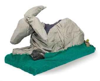 Artwork by Christian Holstad, House Training # 6 (Dancing Goats), Made of wool, leather, polyester, rubber, chicken wire, wood, linen and tie