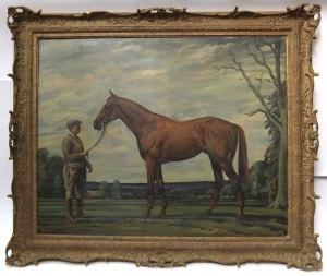 A chestnut hunter with his groom in a landscape by Richard John Munro Dupont