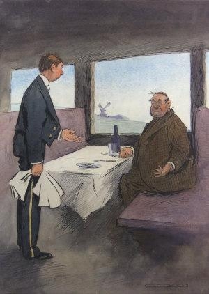 "On the Dining Car. Indignant Passenger: 'Call that a sandwich? I never tasted anything like it before'. Waiter: 'You've et yer ticket- there's yer sandwich.'" by Will Owen