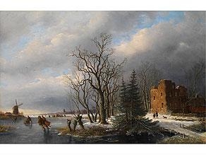 HOLLÄNDISCHE WINTERLANDSCHAFT MIT SCHLITTSCHUHLÄUFERN, EICHENALLEE, RUINE UND EINER WINDMÜHLE - H. de Mejier