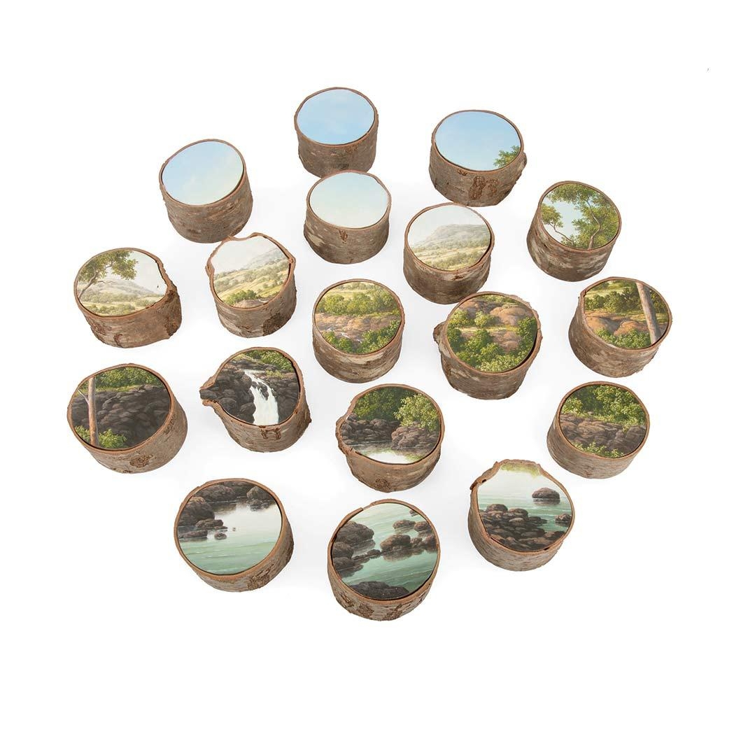 Artwork by Alison Moritsugu, Landscape With Waterfall (18 pieces), Made of Oil on Birch tree segments