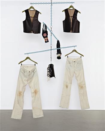 Artwork by Christian Holstad, Untitled (Mobile #1), Made of Hemp, rose quartz, can, wood, cotton, wheat grass stains, vegetable leather, pencils, human hair, zipper, Xerox transfers, wood hangers, chain and hardware