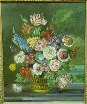 Still life of tulips, roses and other flowers in an urn - D. Wiseman
