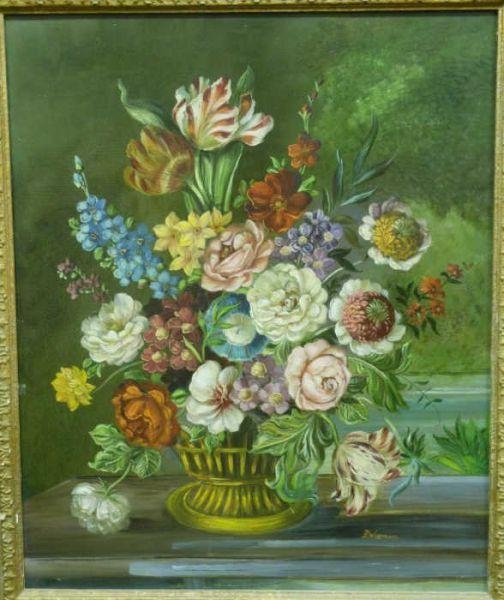 Artwork by D. Wiseman, Still life of tulips, roses and other flowers in an urn, Made of oil on masonite