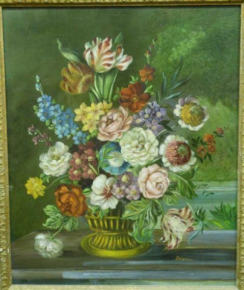 Still life of tulips, roses and other flowers in an urn - D. Wiseman