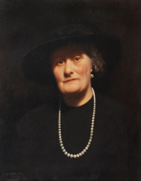 Portrait of the artist's wife Head and shoulders, dressed for a funeral by Charles Spencelayh, 1948