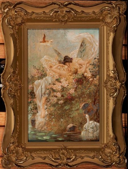 Hans Zatzka | Two Fairies Embracing in a Landscape with a Swan (Circa