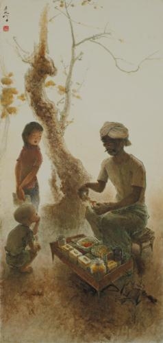 Artwork by Lee Man Fong, Food Vendor, Made of oil on board