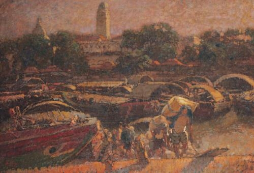 Artwork by Lee Man Fong, Unloading Rice (Boat Quay), Made of oil on masonite