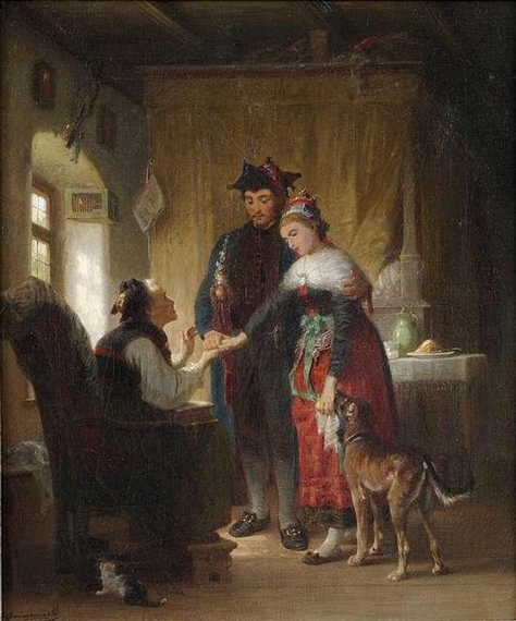 A grandmother with a young couple in an interior by Jakob Grünenwald