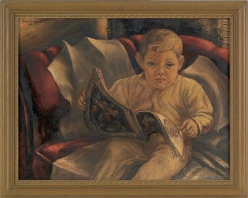 Portrait of a young boy reading a fairy tale book by Edward L. Loper, 1946