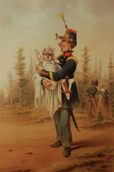 Jules Joseph Georges Renard Caricature D Un Officier Portant Un Bebe Mutualart