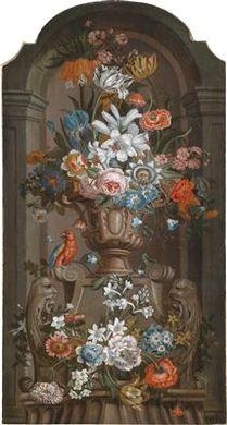 A magnificent still life and a vase of flowers and a parrot in a niche by Pieter Hardimé