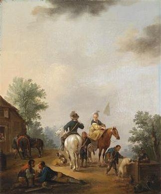 Horseman and horsewoman in front of a fountain and Horseman and horsewoman in front of a city wall by Johann Georg Pforr