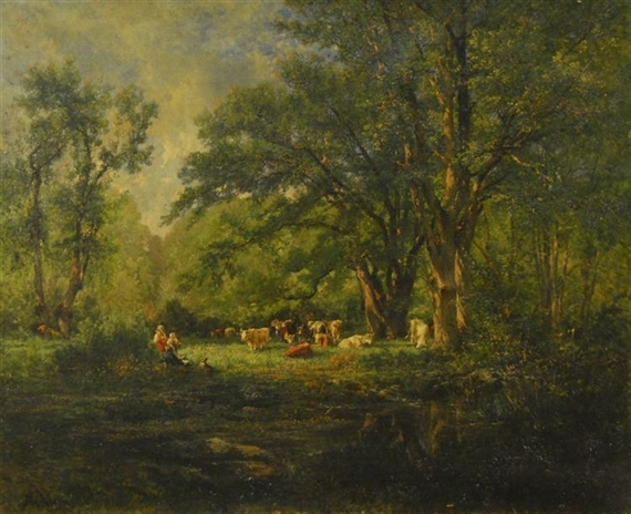 Alexandre René Véron | COWS AND FIGURES IN A LANDSCAPE (1855) | MutualArt