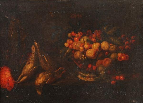Still life of peaches and cherries in a bowl, with partridges by Neapolitan School, 18th Century, 18th century