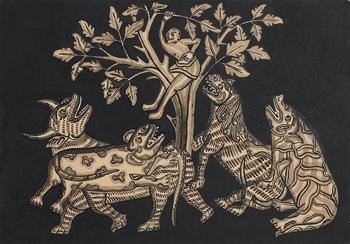 Four Spotted Animals Chase Man up Tree by Goesti Gede Raka