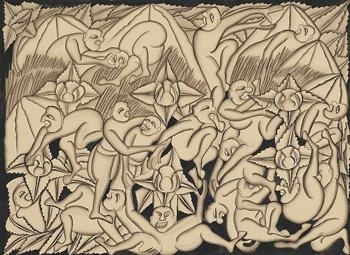 Group of Men and Large Flowers by Goesti Gede Raka