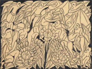 Artwork by Goesti Gede Raka, Men and Flowers Intermingling in Jungle, Made of Washed pen and ink on paper