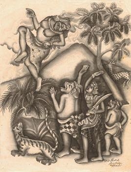 Artwork by I Ketut Pateh, Mythological Scene, Made of Washed pen and ink on paper