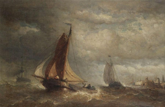 Hendrik Frans Schaefels | Yachts near the coast with harbour in the ...