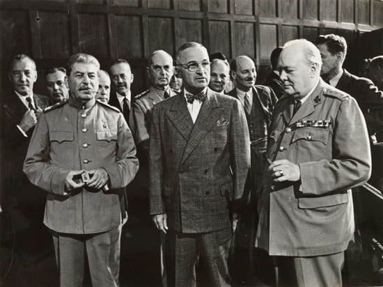 Communist Party Secretary Josef Stalin, President Harry S. Truman and Prime Minister Winston Churchill at Potsdam by S. Guarary, 1945
