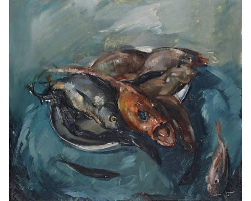 Still life with fish in a bowl by Clement Serneels, 1945