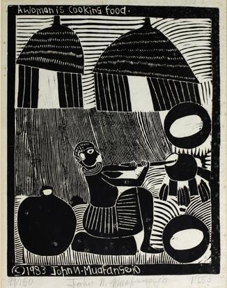 A WOMAN IS COOKING FOOD by John Ndevasia Muafangejo, 1983