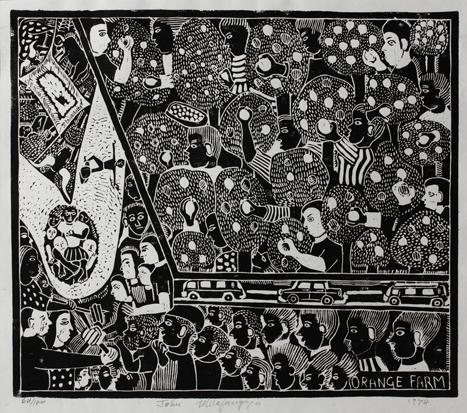 ORANGE FARM by John Ndevasia Muafangejo, 1974