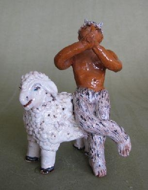 Artwork by Dorothy S. Harkins, Pan and Sheep, Made of ceramic sculpture