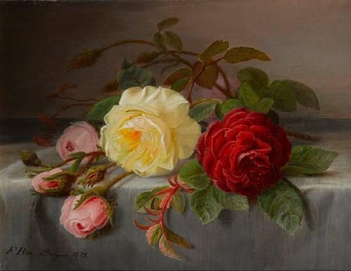 A still life of roses by Frants Diderik Bøe, 1879
