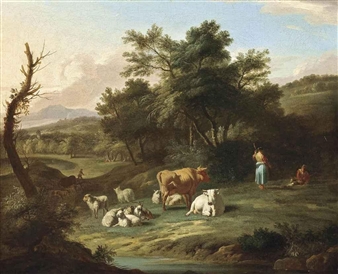 A wooded river landscape with drovers and their cattle at rest - Isaac Vogelsang