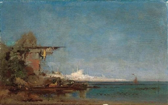 A coastal landscape painting featuring a cliffside structure, distant white ships, and a calm sea under a blue sky.
