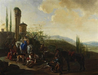 Jagdgesellschaft nach der Hasenjagd in bergiger Landschaft - Hendrick Verschuring