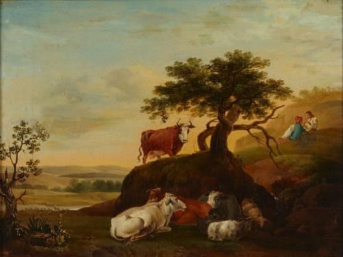 Cattle, goats and shepherds resting on a hillside by Paulus Potter