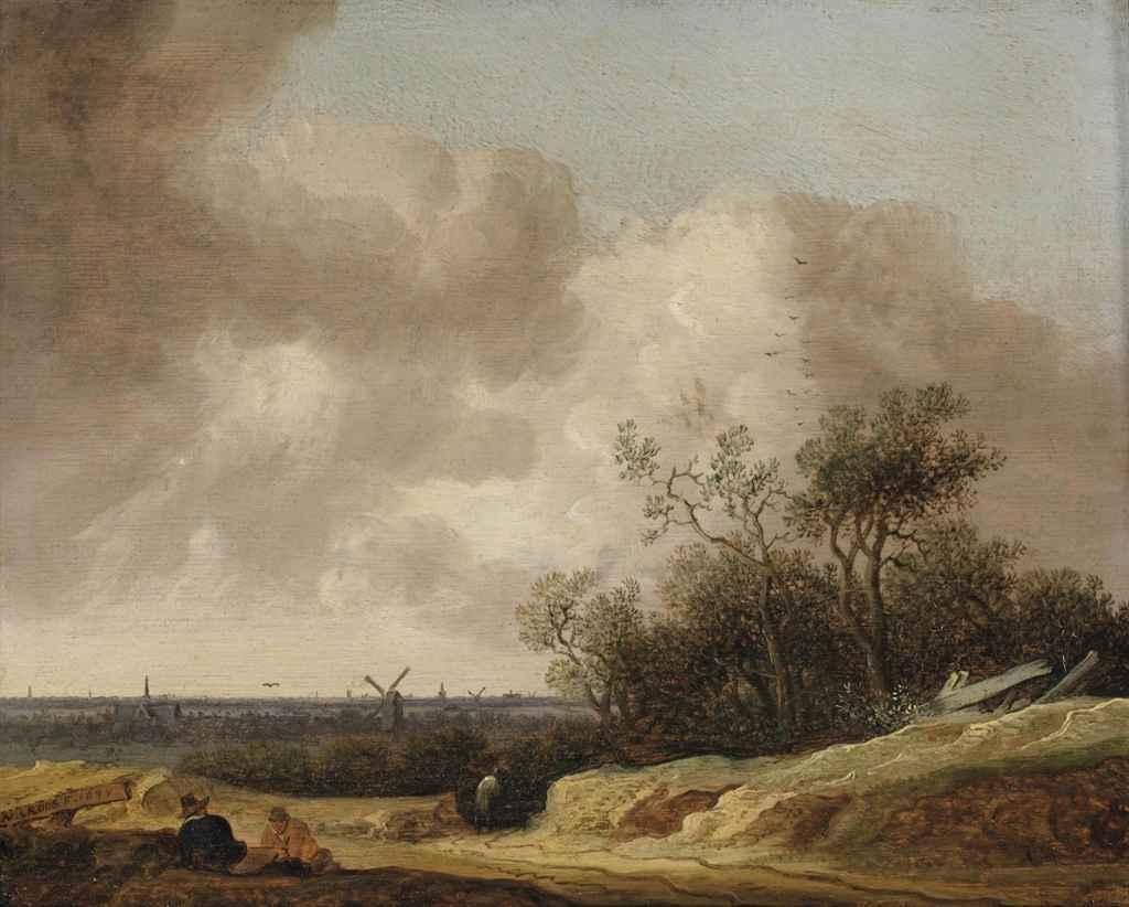 Artwork by Anthonie Jansz. van der Croos, A dune landscape with figures resting near a track, a view of Haarlem in the distance, Made of oil on panel
