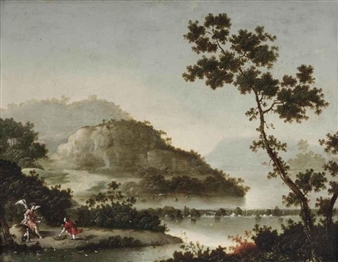 A hilly river landscape with Tobias and the Archangel Raphael - Pseudo-Moucheron