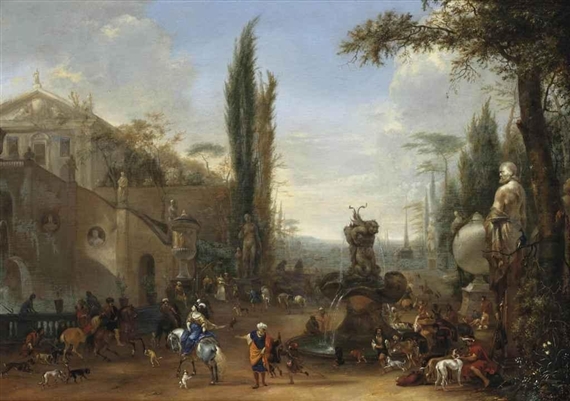 A park landscape of a Roman villa with a fountain, exotic figures, a shepherd, falconers and travellers by Hendrick Verschuring, 1664
