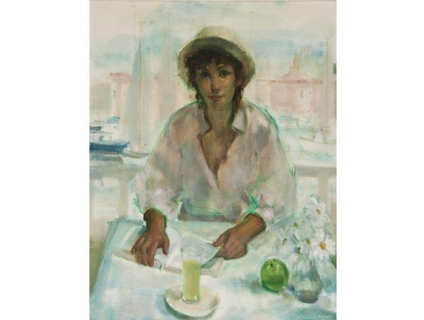 Artwork by Clement Serneels, A Woman Reading with a View of Yachts, Made of oil on canvas