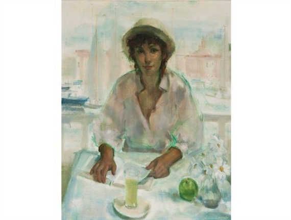 A Woman Reading with a View of Yachts by Clement Serneels