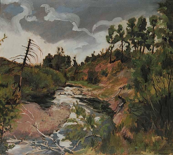 A dramatic landscape painting of a stream flowing through a forested valley under a turbulent sky.